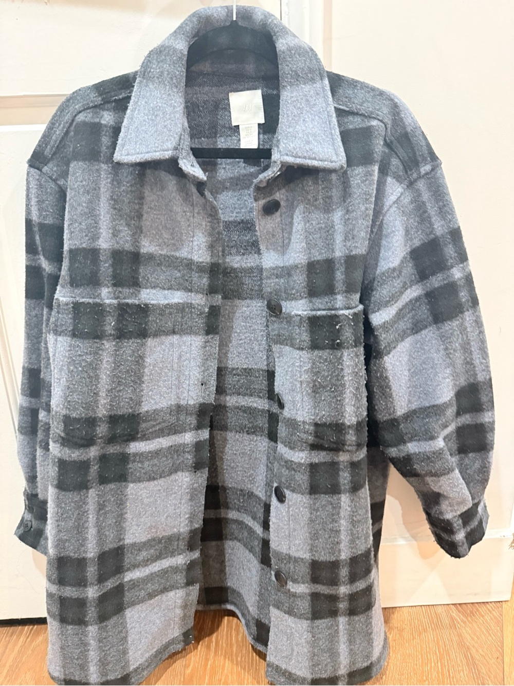 H&M Gray Plaid Wool-Blend Button Jacket